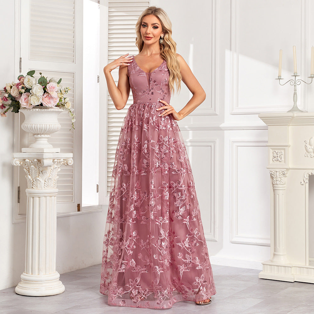 Embroidered V-Neck A-Line Evening Maxi Dress
