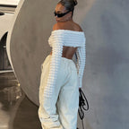 Women's Out Cutout Bubble Cropped Long Sleeve Off-Shoulder T-Shirt
