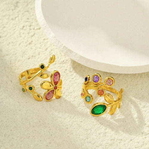 Arrival Stainless Steel Colored Gems Floral Branch Floral Open Ring Women Mori Retro Color Zirconium Ring