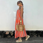 Women's Striped Ruffle-Trim Spaghetti-Strap Maxi Dress