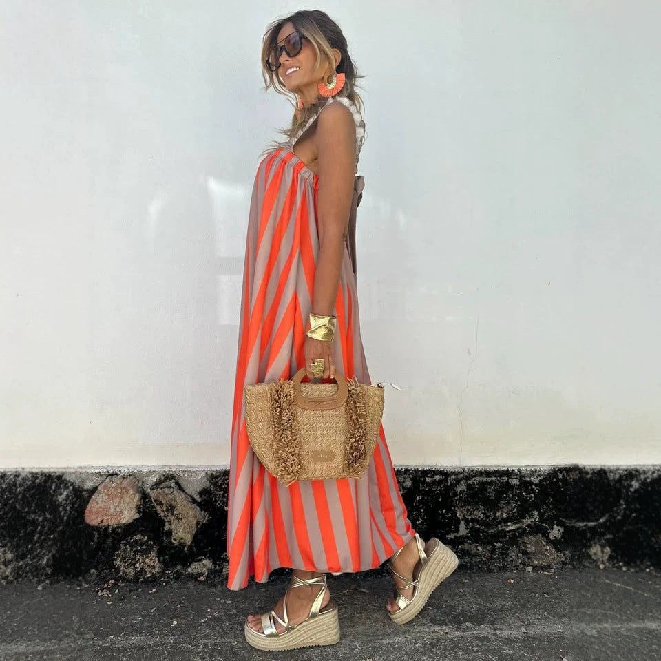 Women's Striped Ruffle-Trim Spaghetti-Strap Maxi Dress