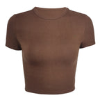 Women's Summer Women Solid Color Short Cropped Top Cotton Stretch Slim Round Neck T-Shirt For Women
