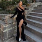 Fall One Shoulder Diagonal Collar Long Sleeve Dress Women Split Hollow Out Cutout Dress