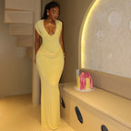 Simple Slim Fit Street Pleated Hip Dress V-Neck Sleeveless Elegant