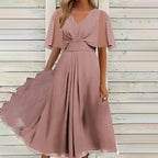 Summer Solid Color V Neck Waist Trimming Casual Swing Dress