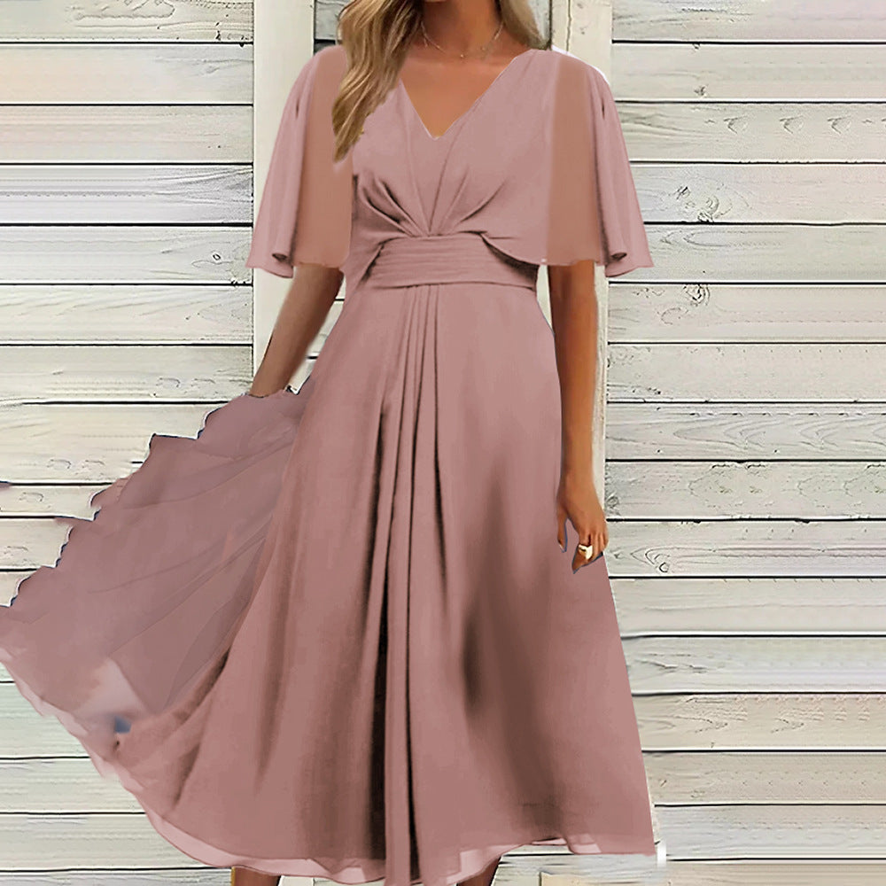 Summer Solid Color V Neck Waist Trimming Casual Swing Dress