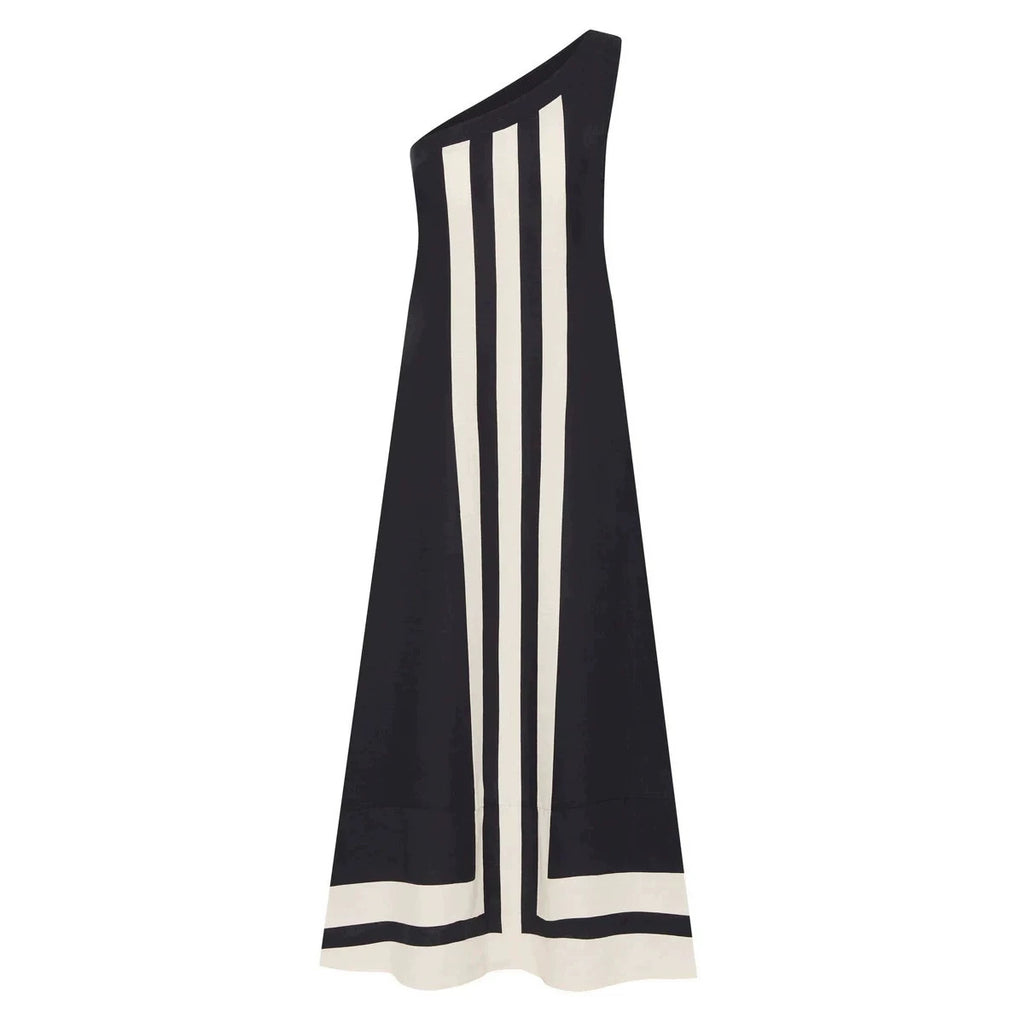 Women's positioning print dress, black sleeveless maxi with white vertical stripes