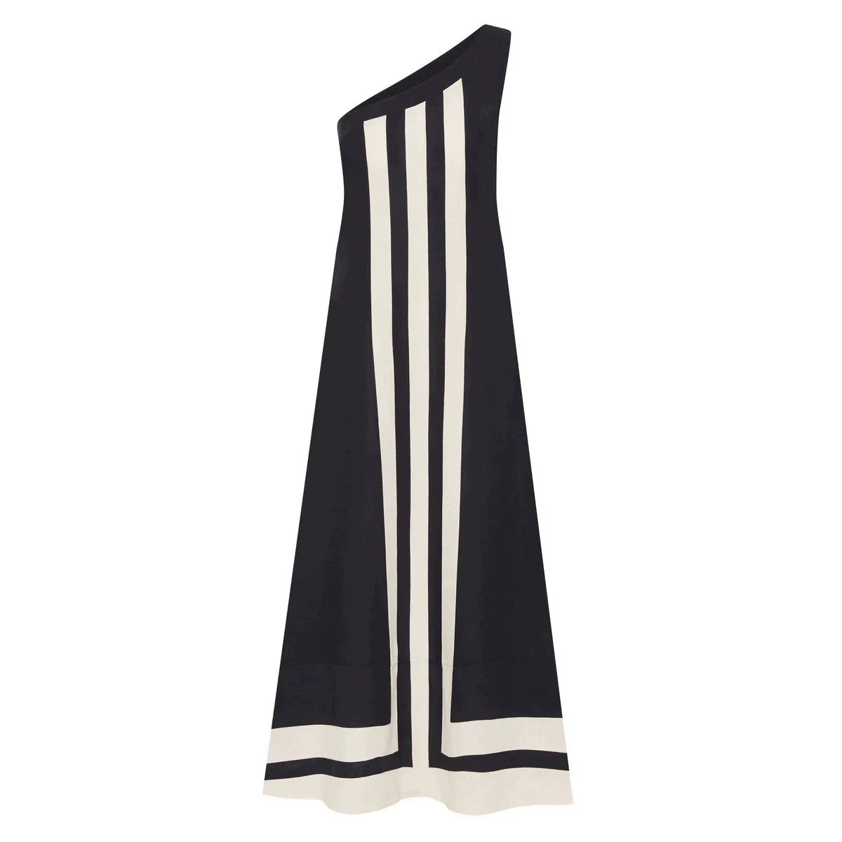 Women's positioning print dress, black sleeveless maxi with white vertical stripes