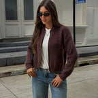 Autumn Winter Retro Casual Stand Collar Zipper Thick Sunken Stripe Top