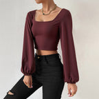 Women's Burgundy Square Collar Short Knitted Top Women Autumn Winter Long Sleeve Retro Lantern Sleeve Slim Bottoming Shi