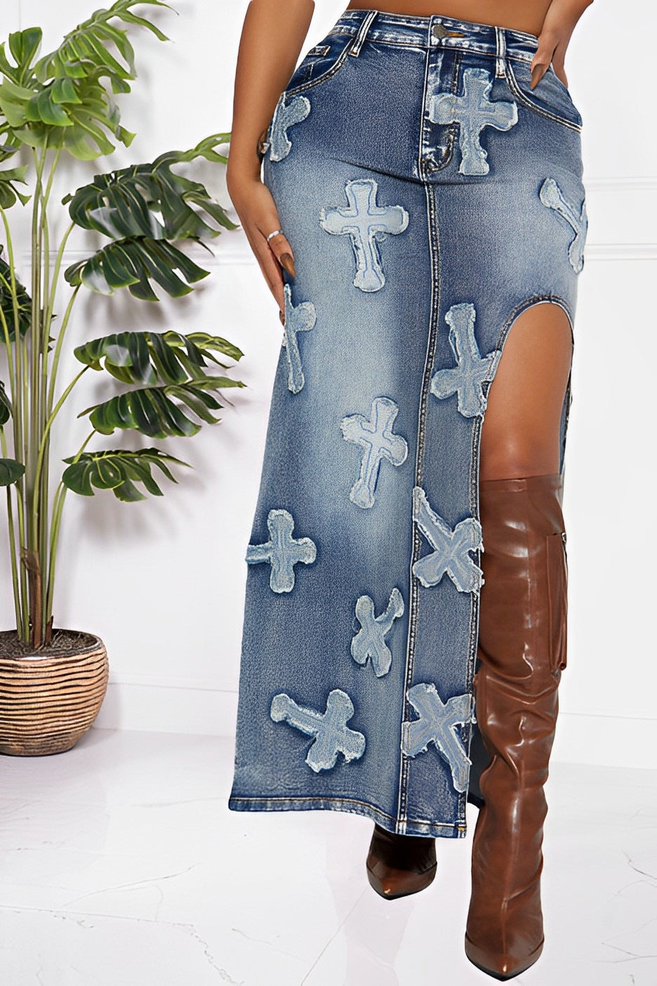 Women's Denim Embroidered Two-Piece Skirt Set