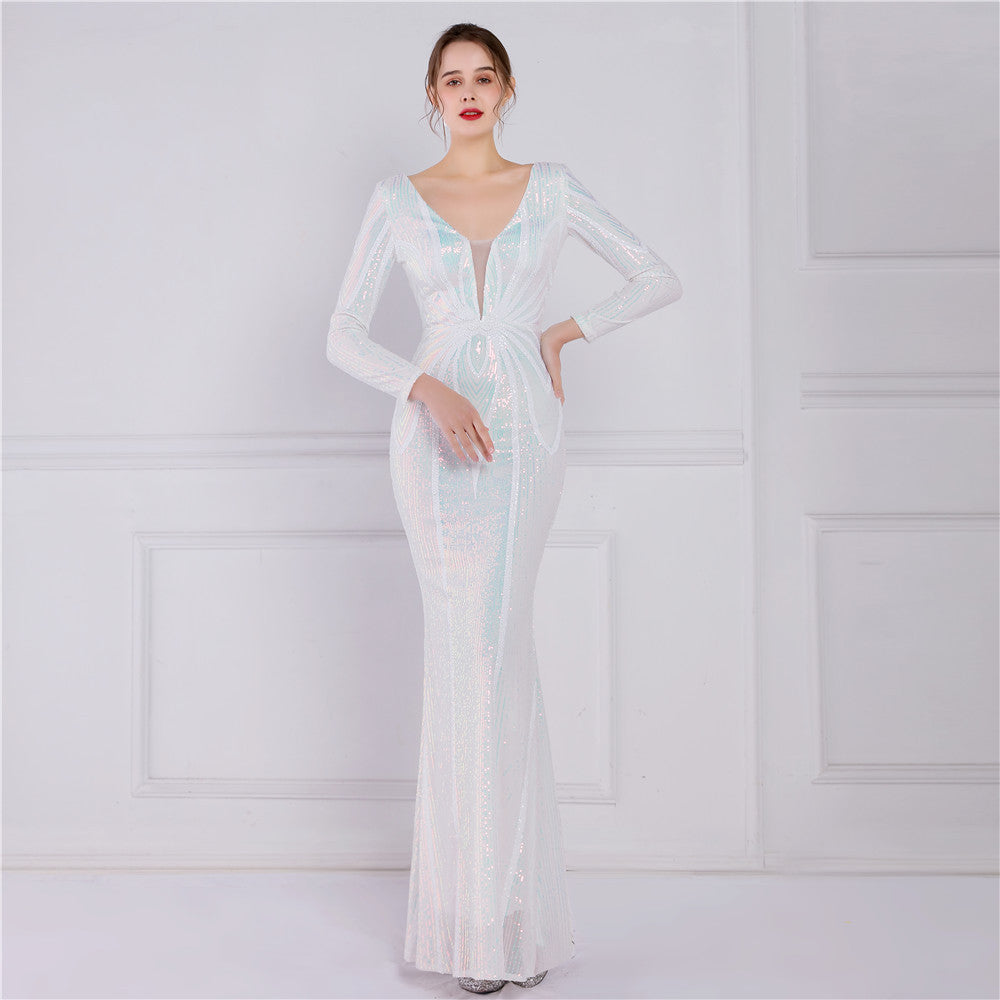 Women's Floral Sequin Evening Dress Banquet Elegant Long Sleeve Sequin Queen