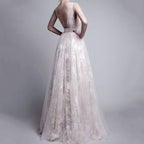 Women's Deep V Lace Embroidered Backless Evening Maxi Dress