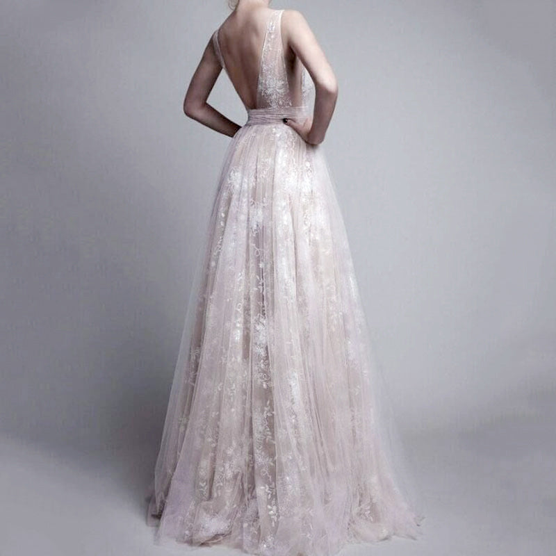 Women's Deep V Lace Embroidered Backless Evening Maxi Dress