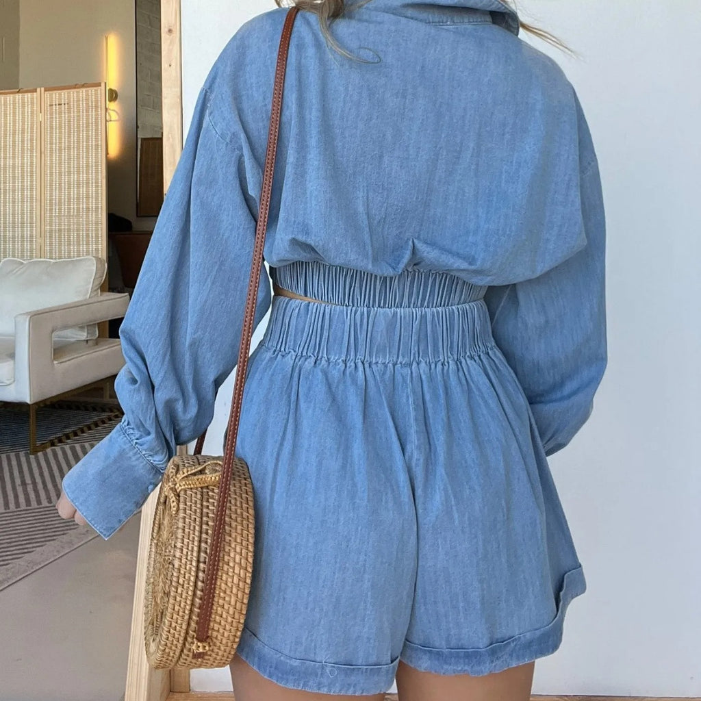 Women's Wear Denim Shirt Deep V Plunge Long Sleeve Shorts Sets