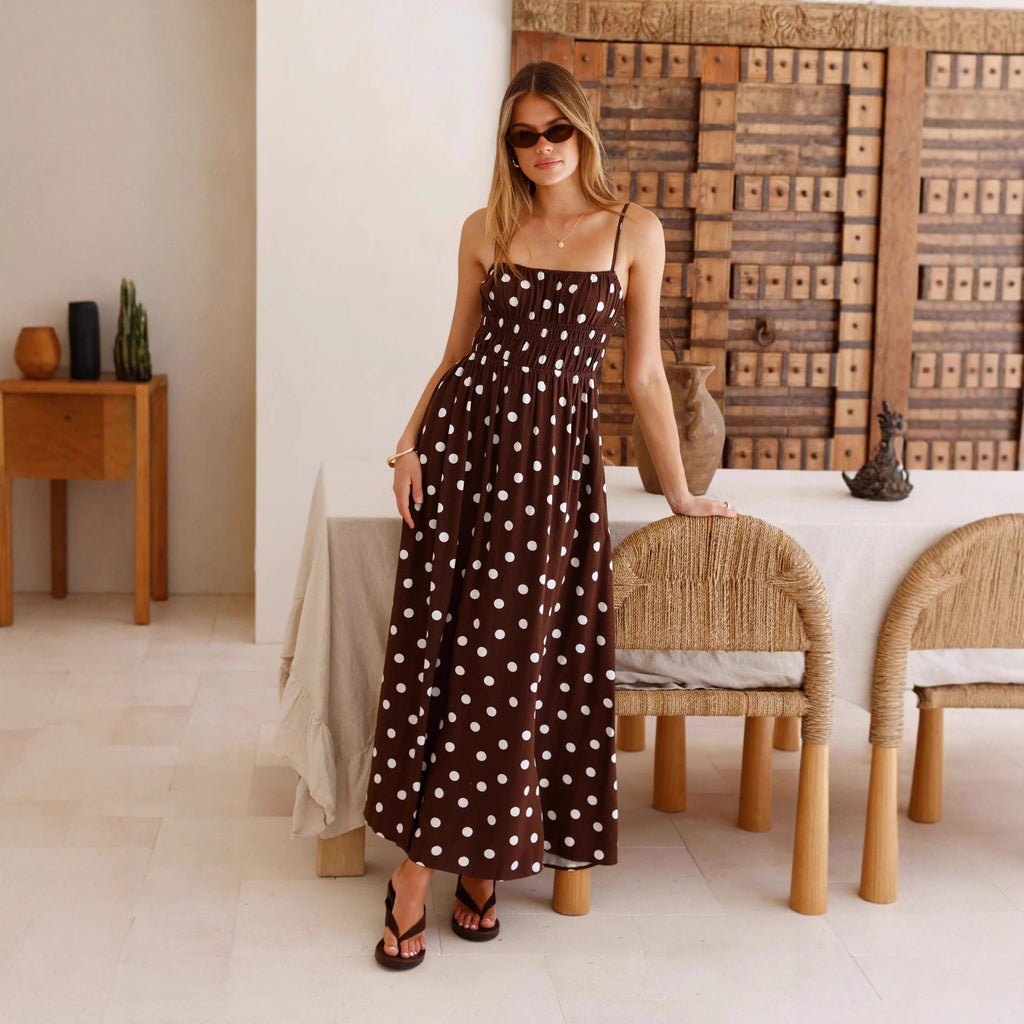 Women's Spring Summer Polka Dot Printed Waist Controlled Large Swing French Vacation Maxi Dress