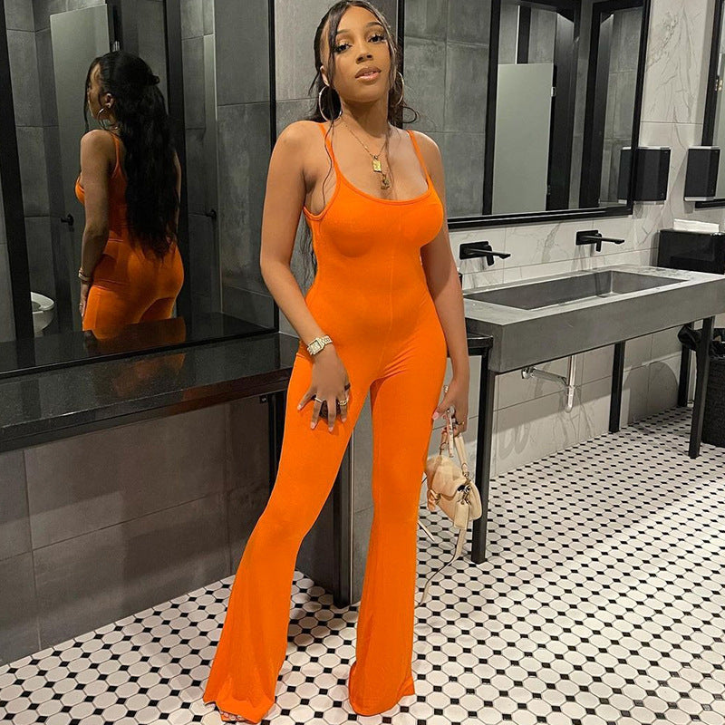 Women's Spring Sexy U Collar Backless Slim Fit Solid Color Sling Jumpsuit