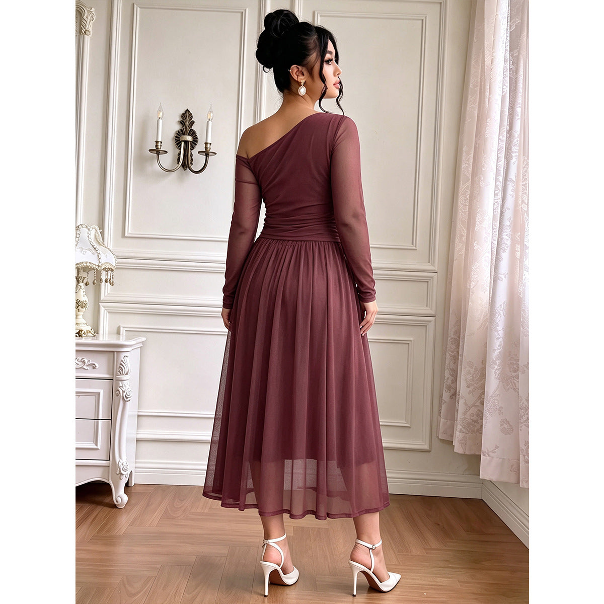Plus Size Burgundy One-Shoulder Mesh Midi Dress
