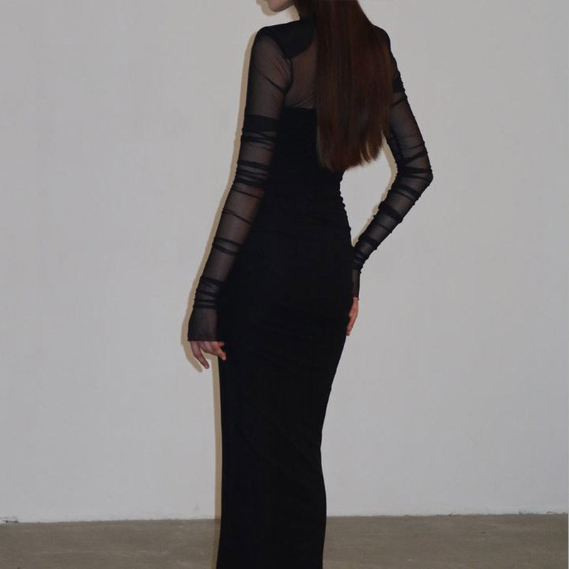 Elegant Half Turtleneck Mesh Slim Fit Patchwork Sexy Padded Shoulder