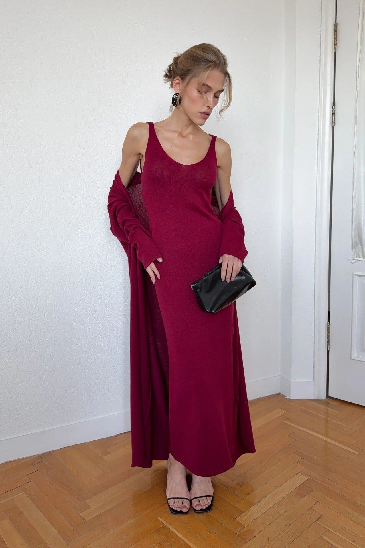 Wine Red Cotton Two-Piece Set