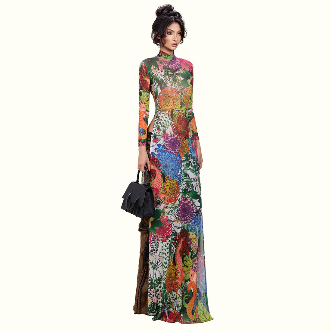 Women's Spring Women Clothing Personality Plant Print Long Sleeve Half Turtleneck High Slit Long Shirt