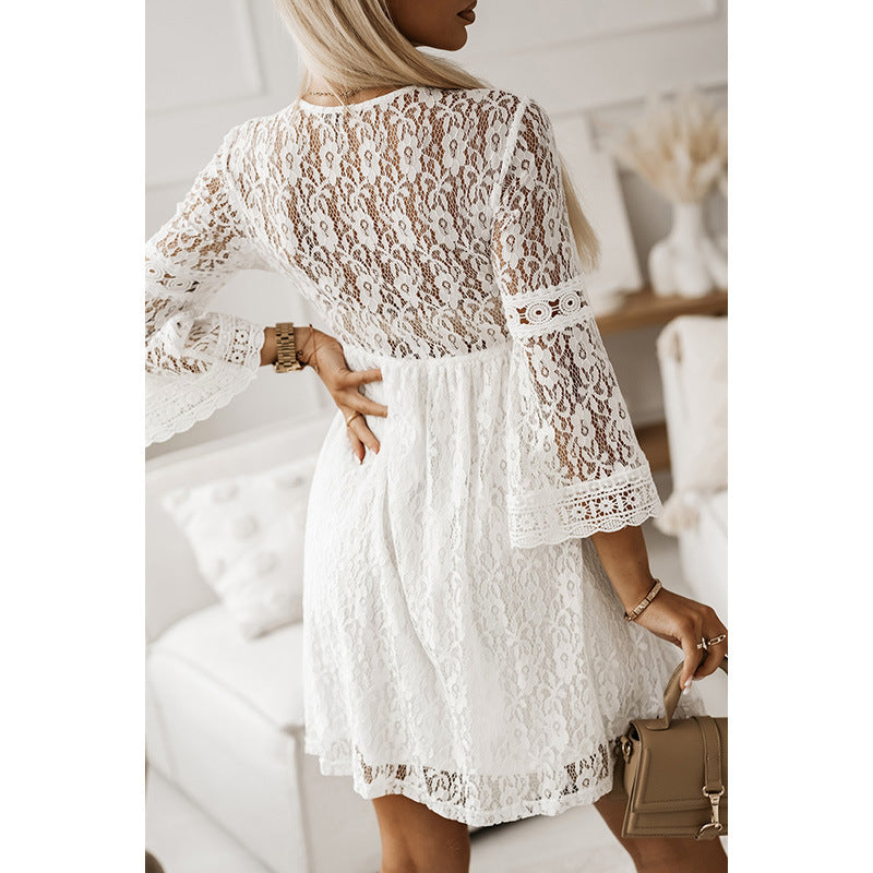 Women's Deep V-Neck Lace Long-Sleeve Dress