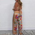 Sexy Printing Positioning Satin Sling Top Trousers Suit