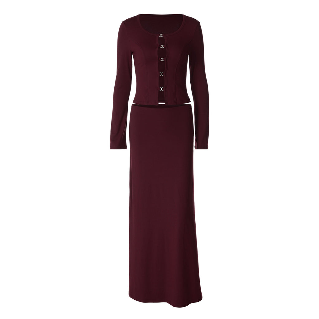 Women's Solid Color Long Sleeve Metal Buckle Cutout Top Slim Skirt