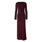 Women's Solid Color Long Sleeve Metal Buckle Cutout Top Slim Skirt