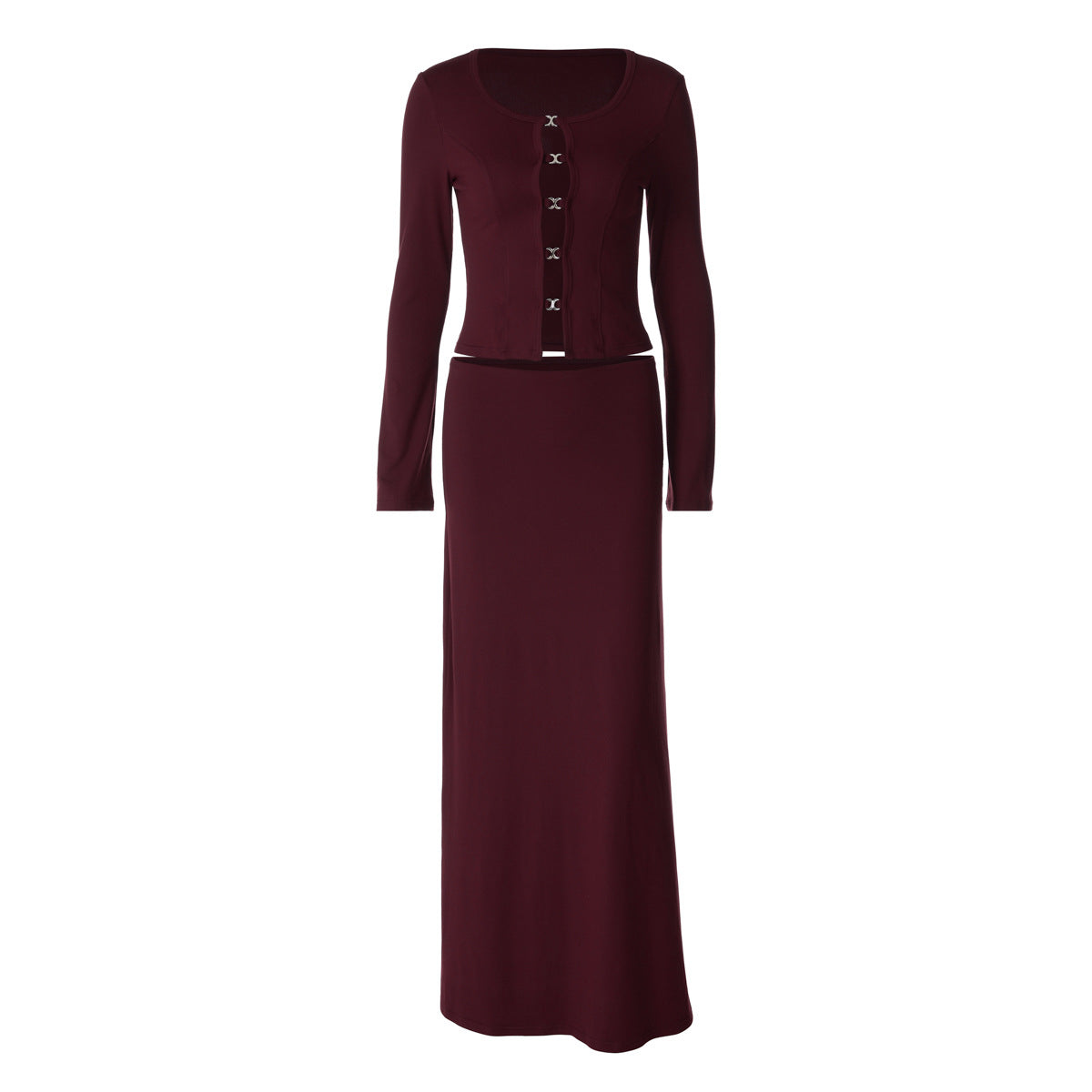Women's Solid Color Long Sleeve Metal Buckle Cutout Top Slim Skirt