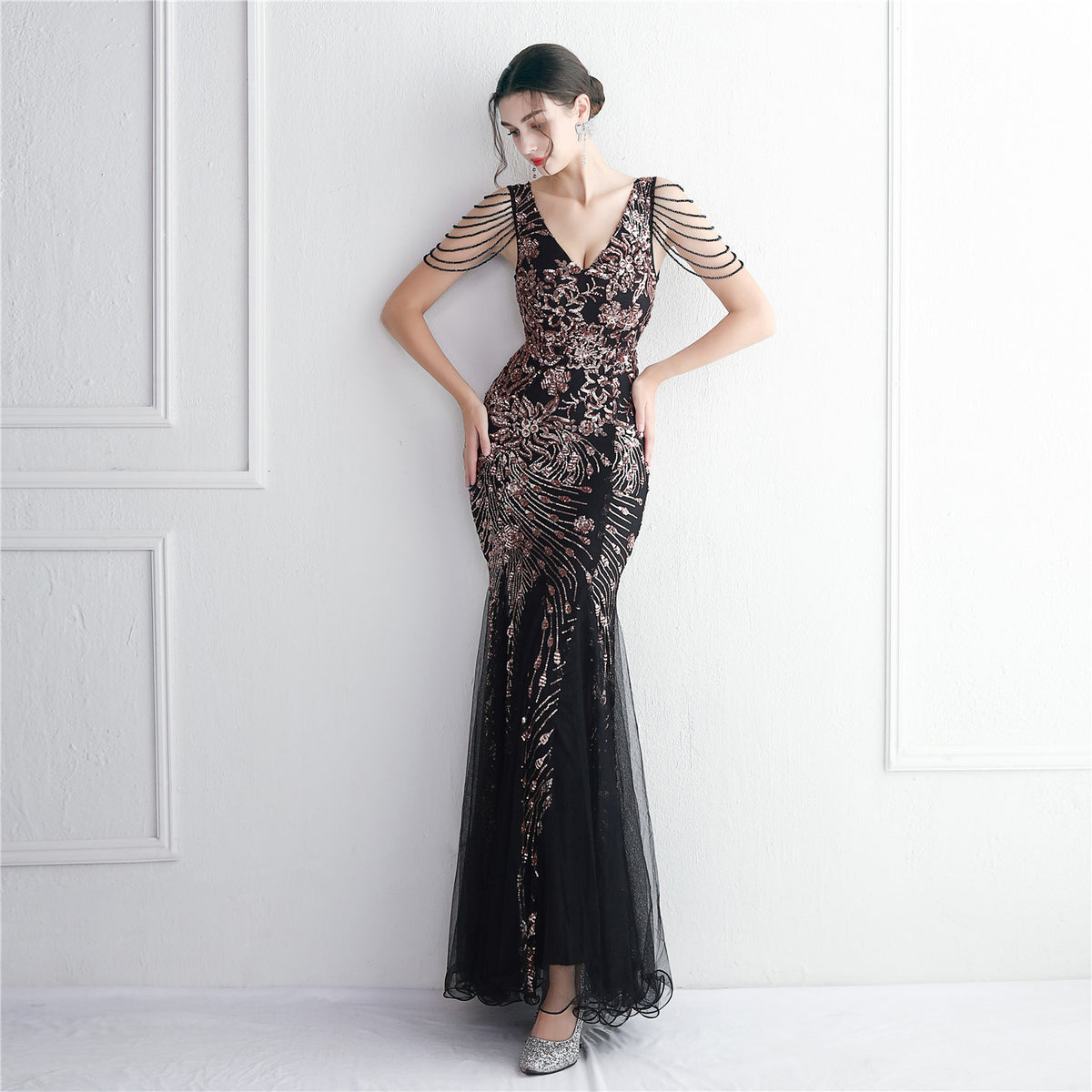 Women's Sequin Mesh Beaded Elegant Long Fishtail Sequin Sexy Dress