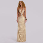 Women's Rhinestone Halter Backless Cutout Maxi Dress