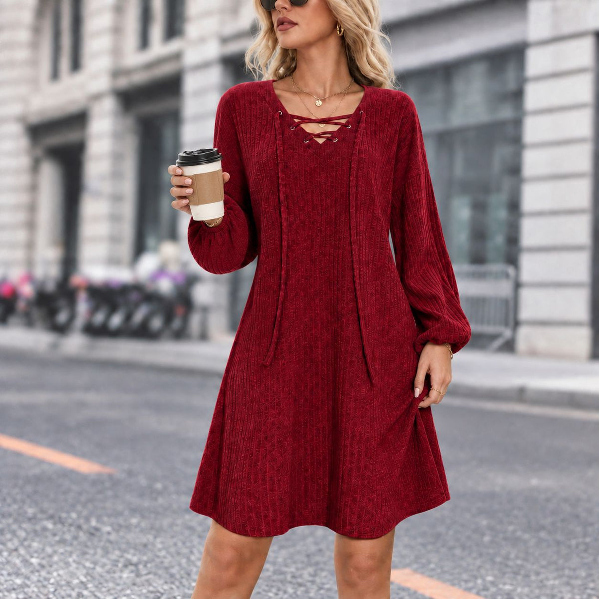 Women's V-Neck Lace-Up Knit Dress