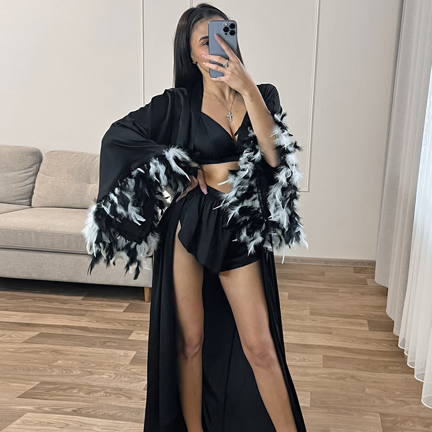 Spring Summer Black Satin Cardigan Lace up Nightgown