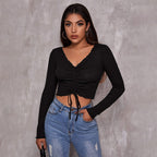 Women's V Neck Long Sleeved T Shirt Casual Simple Design Bottoming