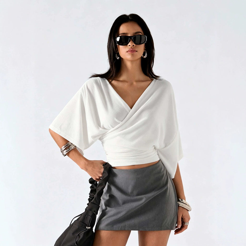 French Cross V neck Batwing Sleeve Top for Women Fitted