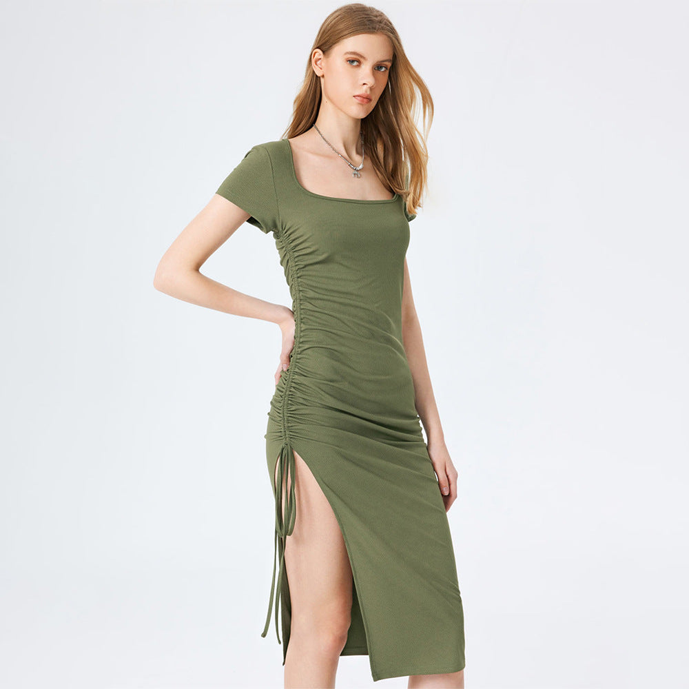 Women's Ribbed Knit Square-Neck Side-Slit Dress