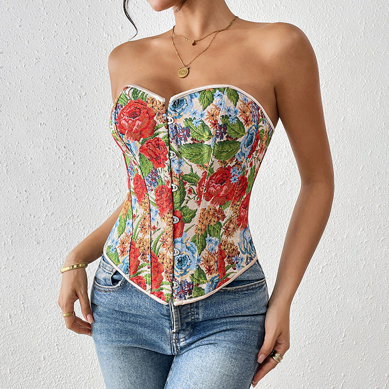 's Short Print French Floral Boning Corset Tube Top Retro Tight