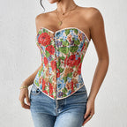 's Short Print French Floral Boning Corset Tube Top Retro Tight