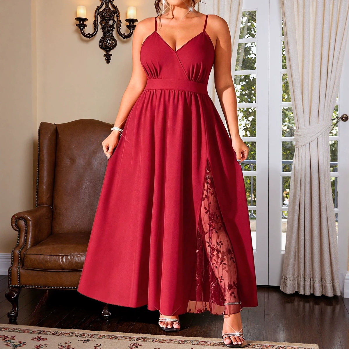 Women's Plus Size Black Lace-Detail Slit Maxi Dress