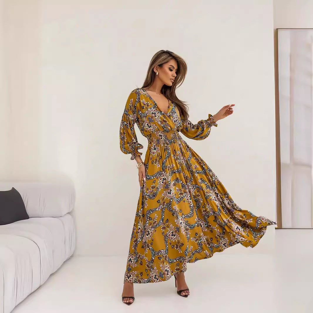 Printed V-Neck Slit Long Sleeve Dress