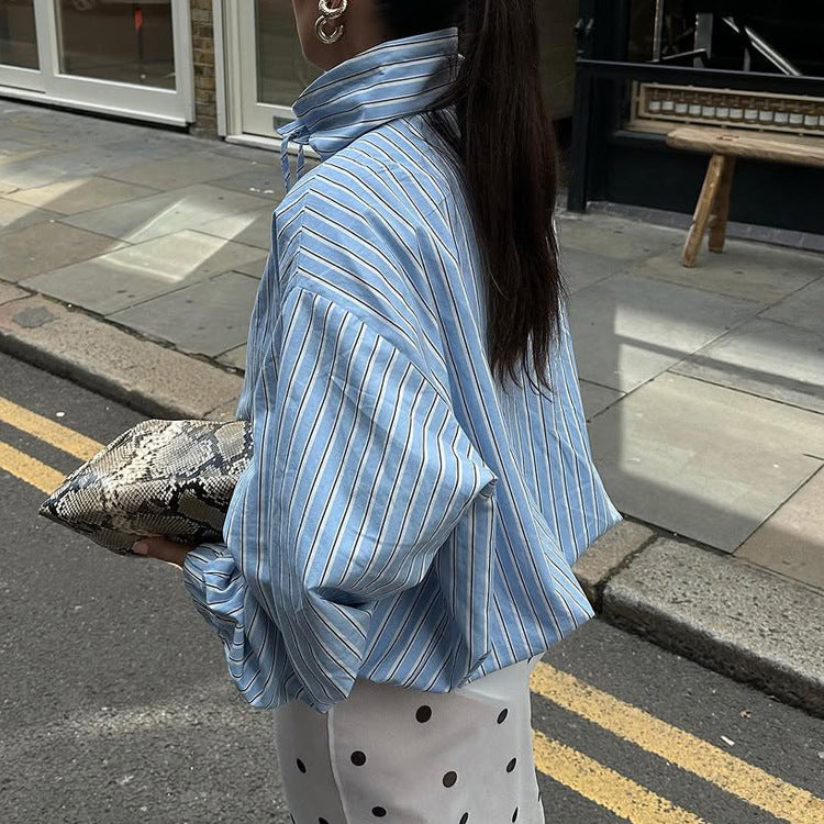 Street Stand Collar Striped Shirt Women Loose Long Sleeves
