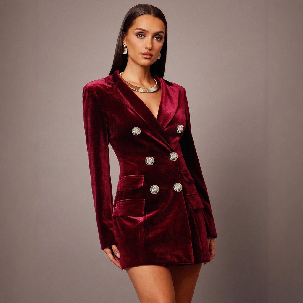 Women's Velvet Double-Breasted Blazer Dress