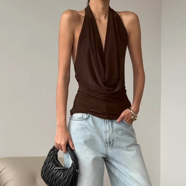 's Low Cut Halter Swing Collar Sleeveless Vest French Minority Top