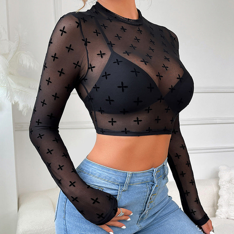 Women's Floral Lace Mock-Neck Long Sleeve Top