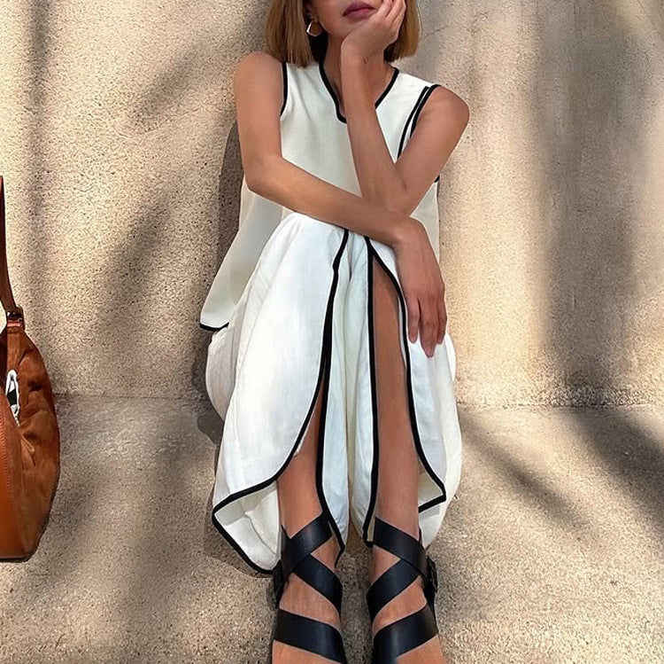 Women's Contrast Color Vest Women Cross Design Round Neck Sleeveless Top Split Trousers Two Piece Set