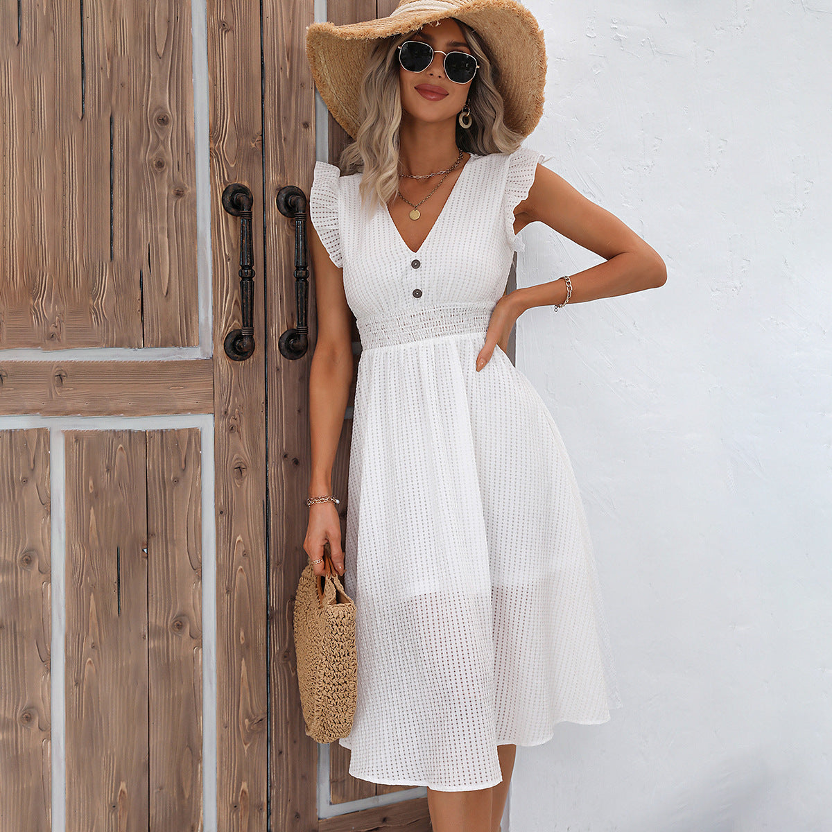 Women's Summer Casual Wooden Ear Waist Holiday Short Dress