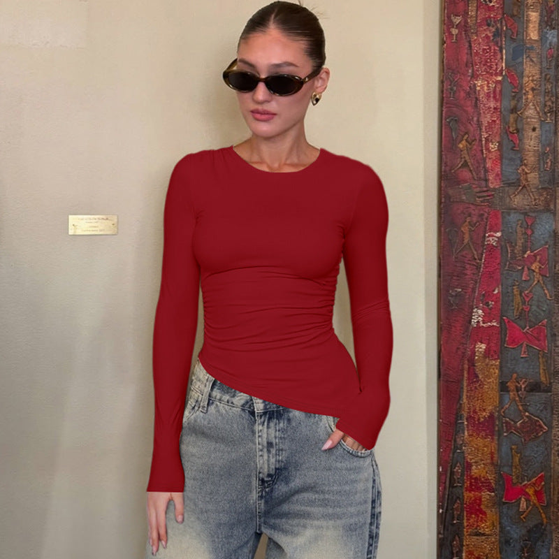 Women's Ruched Crew Neck Long Sleeve Top