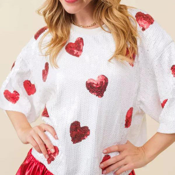 Women's Round Neck Sequ Shirt Christmas Heavy Industry Sequin Half Sleeve T Shirt Loose Casual Top