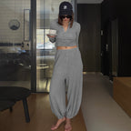 Spring Summer Arrival Short Casual Top With A Henley Neckline Ankle Banded Pants Two Piece Sets